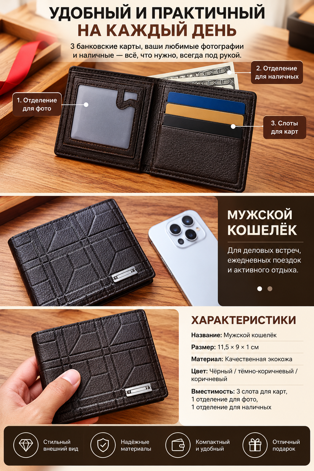 Мужской кошелёк на молнии