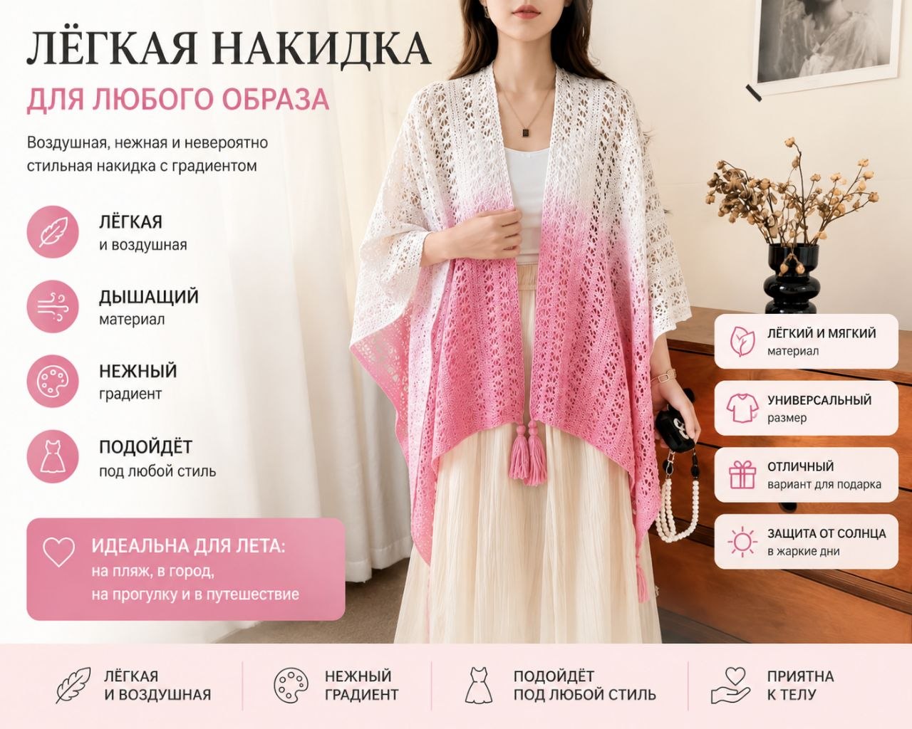 Женская ажурная накидка-кардиган с кисточками — лёгкий летний аксессуар