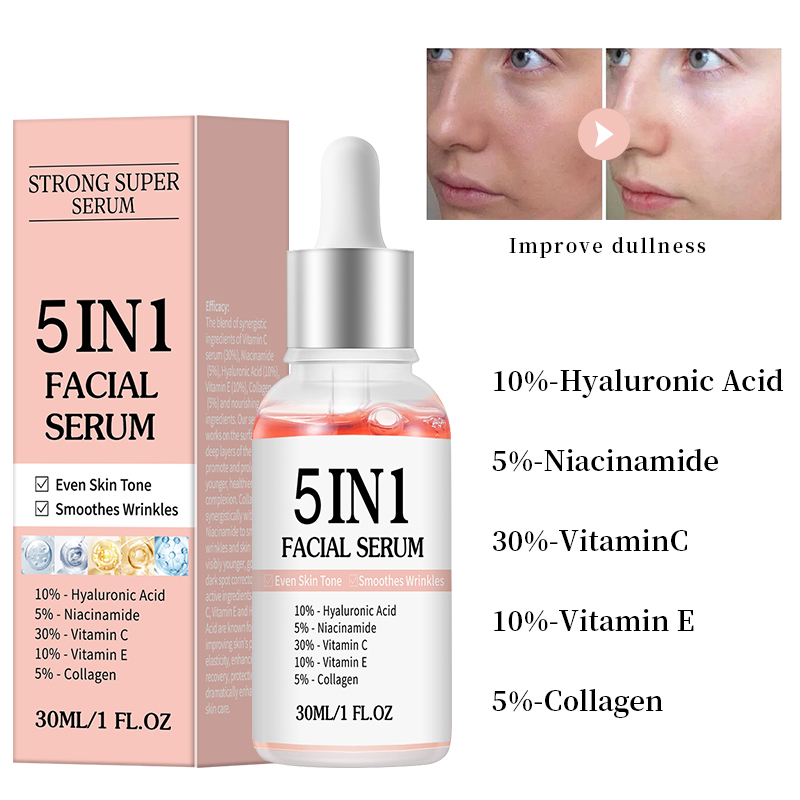 Сыворотка Для Лица Private Label 5in1 С 30% Витамином С,10% Гиалуроновой Кислотой,5% Ниацинамидом И Коллагеном Для Осветления И Борьбы С Морщинами